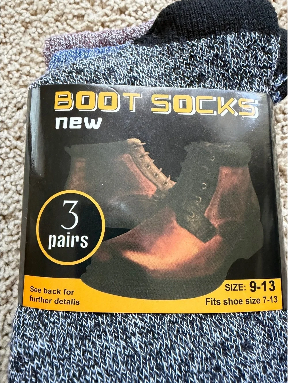 NWT 3-pack of men's heavy-duty thermal knit boot socks size 9-13 multicolor
